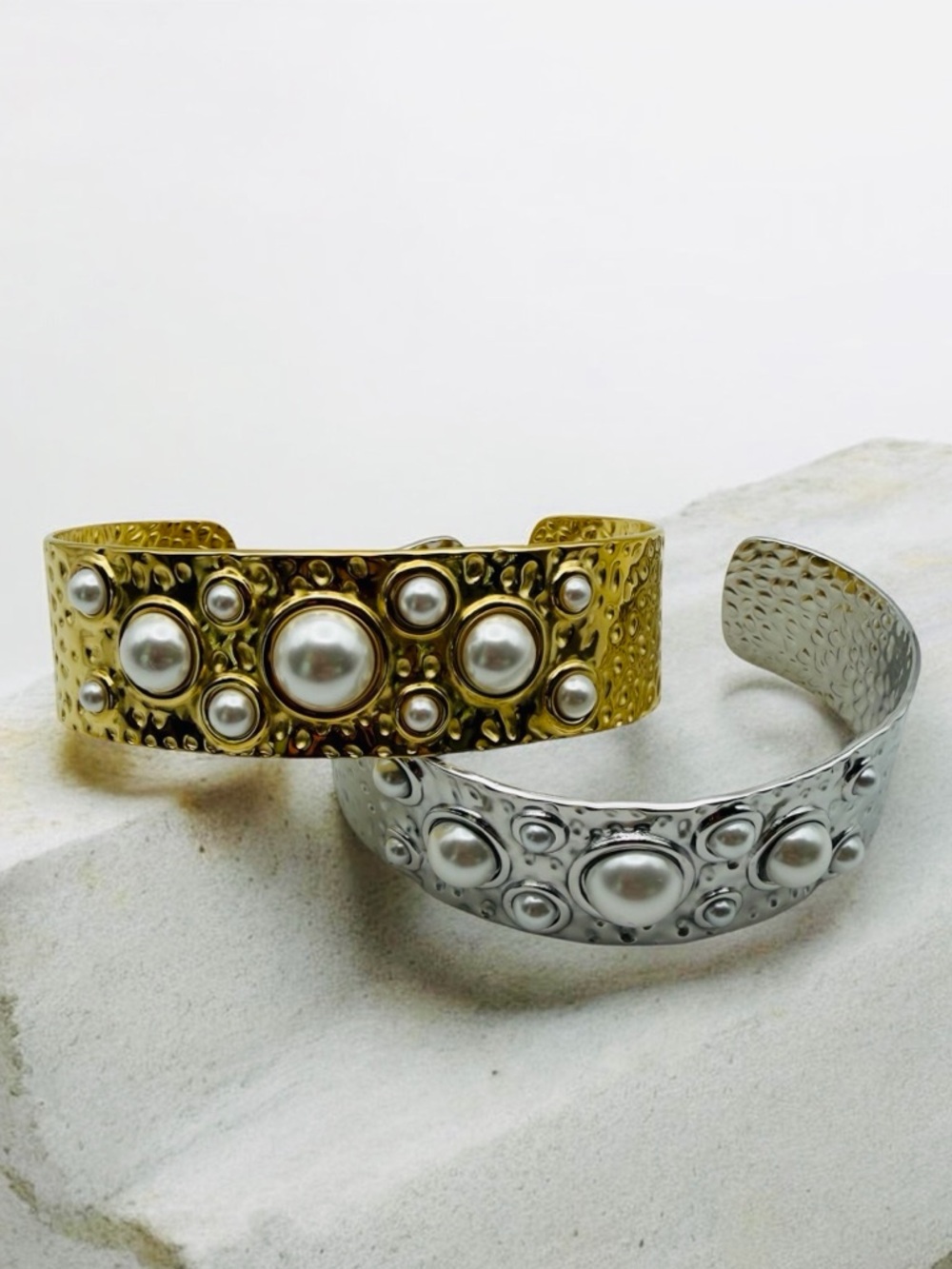 Hammered Metal Pearl Accent Cuff Bracelet NWT